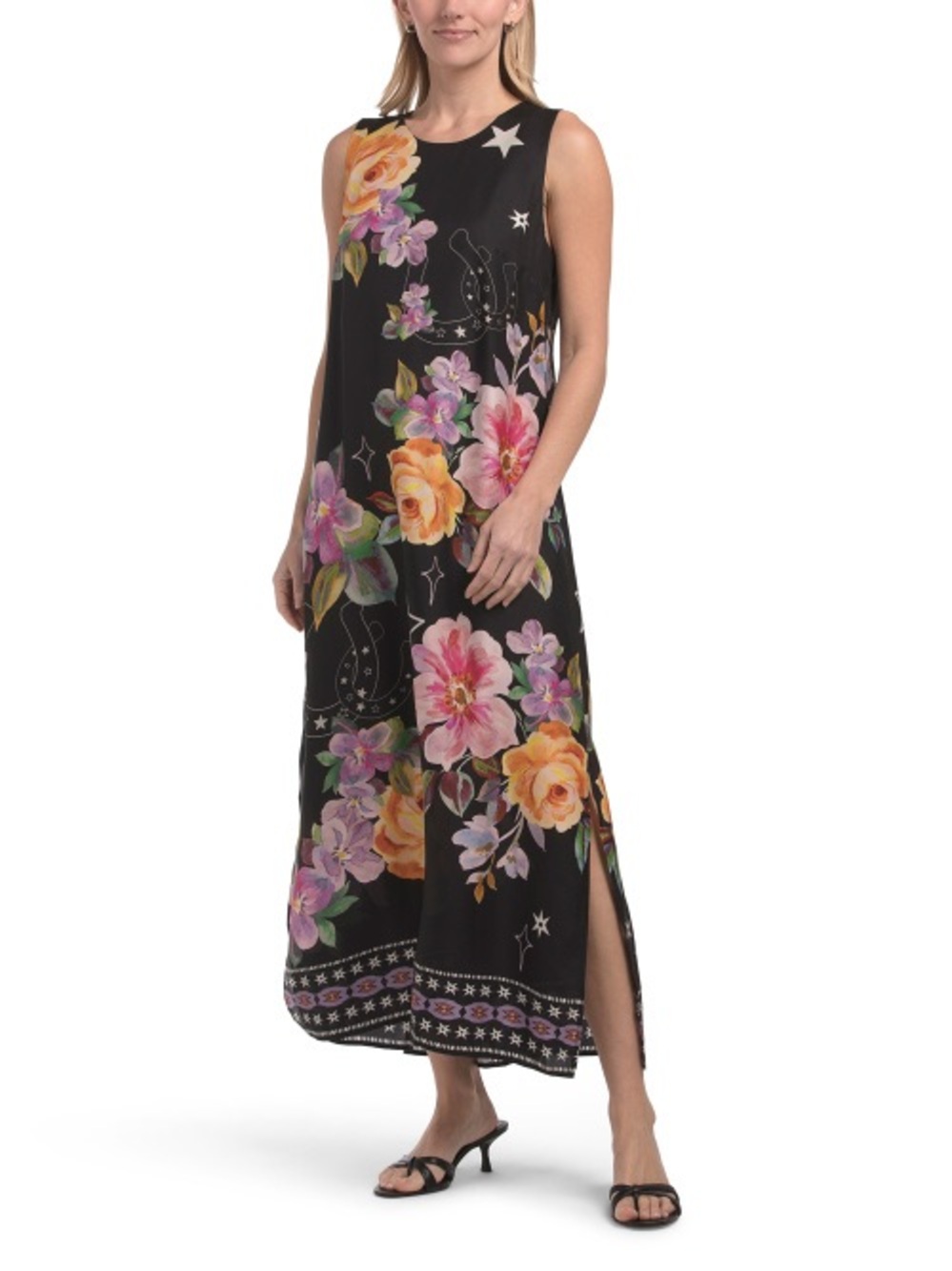 Johnny Was Black Midi Dress with Pink, Yellow & Purple Floral Print